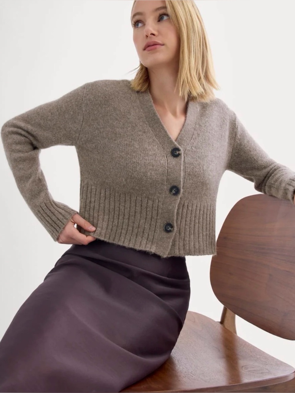 Everlane Alpaca Cropped Cardigan Sweater Taupe Brown V-Neck Small S